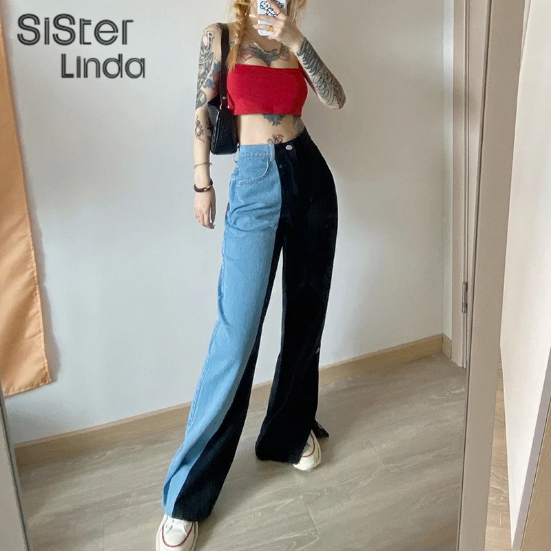 Женские джинсы в стиле пэчворк Sisterlinda брюки с вставками и высокой талией