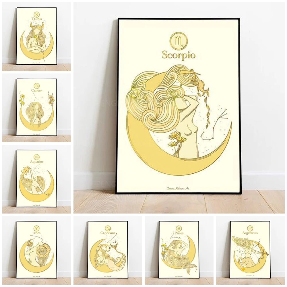 

Canvas Wall Art Home Dream Gold Cartoon Giel Moon Decorative HD Printed Poster Painting Modern Modular No Frame For Living Room