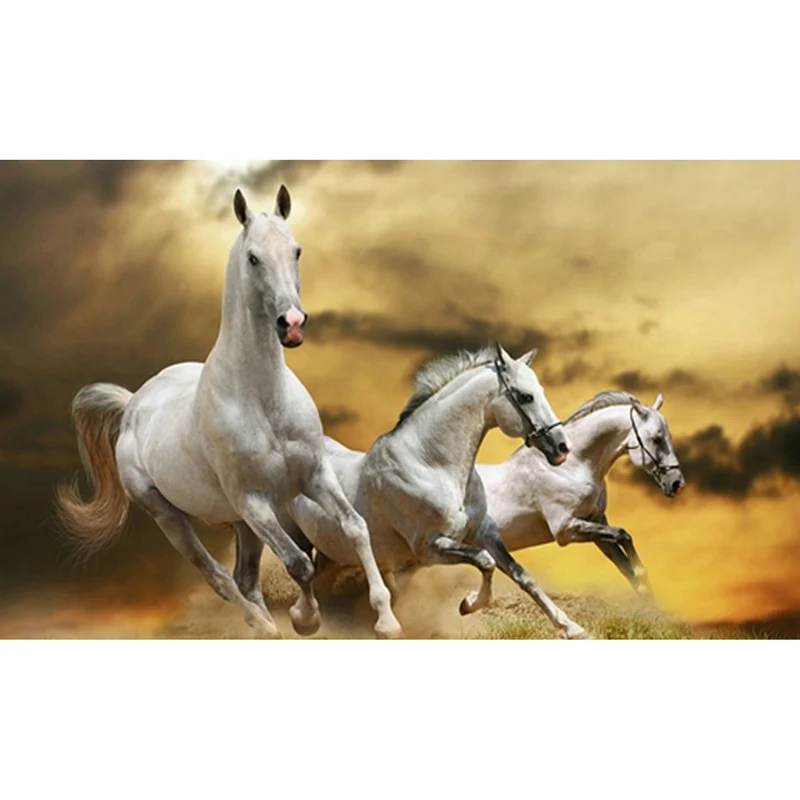 

Full Round Square Diy Diamond Painting Three White Horses Running Paint With Diamond Embroidery Living Room Home Decor