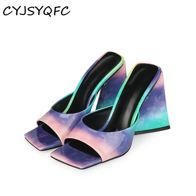 

CYJSYQFC New Patent Leather Super High Heels Women Sandals Peep Toe Mixed Color Ladies Slippers Sexy Party Nightclub Mules Shoes