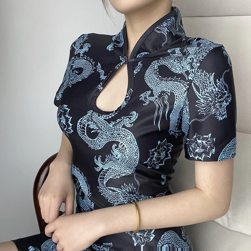 

Ins Dress Women's Summer New Style Retro Palace Slim Dragon Print Improved Version Cheongsam High Waist Transparent Mini Dress.