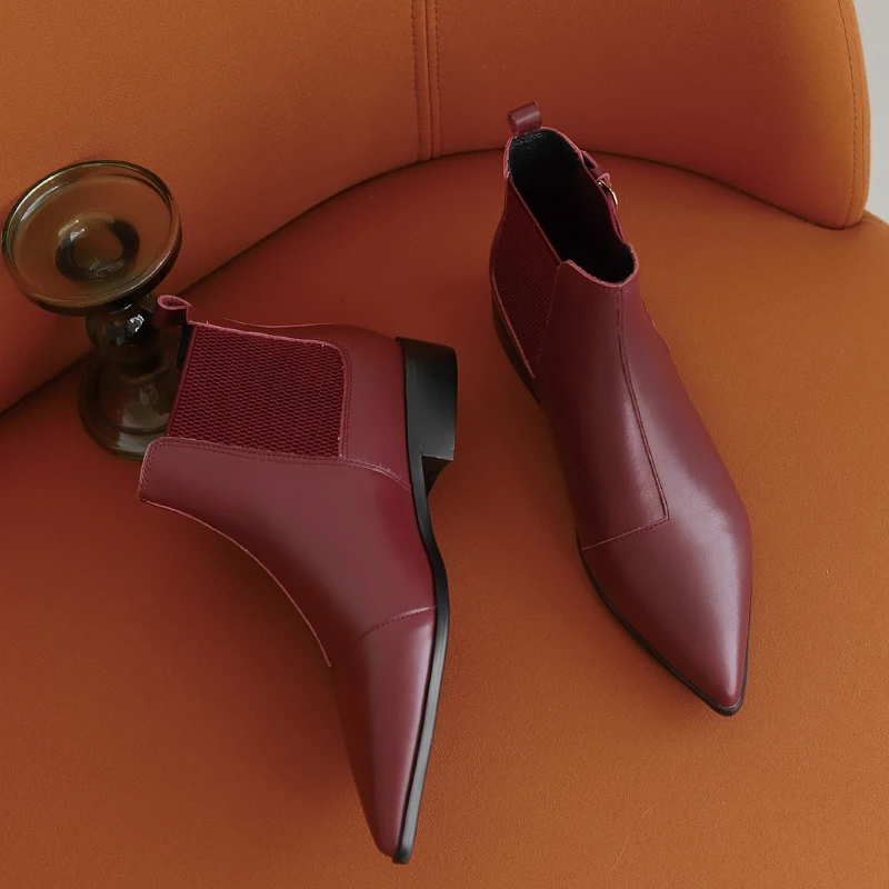 

Women's genuine leather elastic patchwork slip-on flats ankle boots metal buckle pointed toe casual motorcycle boots shoes women