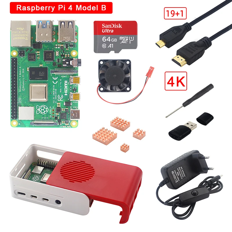 Оригинальный Raspberry Pi 4 Модель B комплект 2 ГБ/4 ГБ ОЗУ + ABS чехол Micro HDMI 4K блок питания