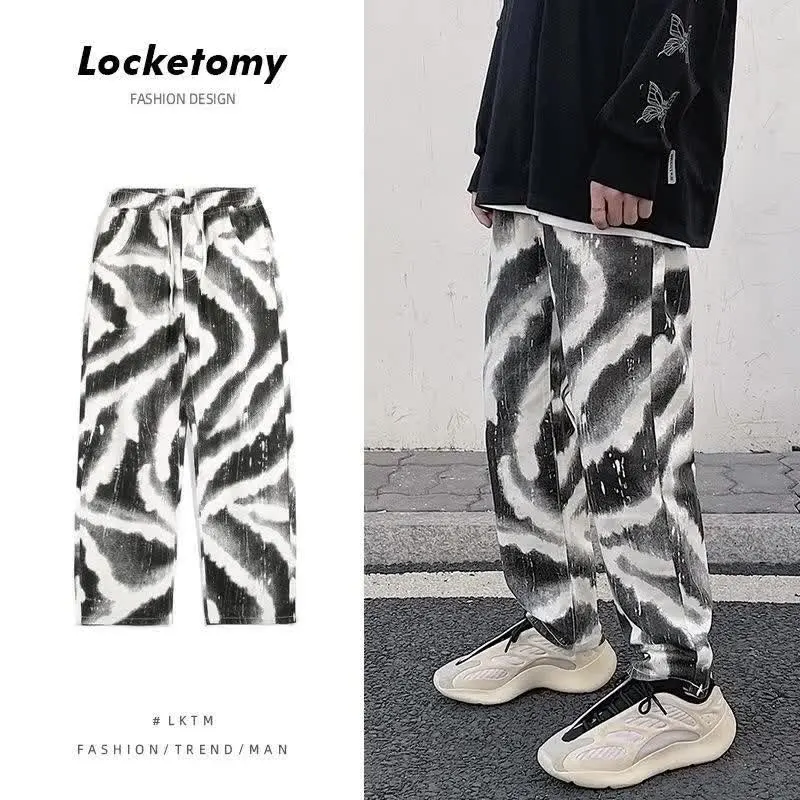 

LKTM мужская одежда # американские ретро свободные прямые джинсы мужские брендовые гонконгские драпированные повседневные брюки лоскутные д...