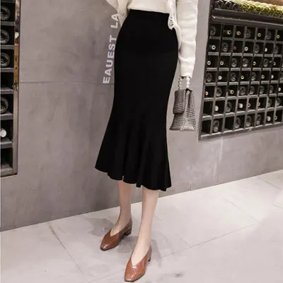 Черный New Elegant Autumn Winter Knit Skirts Women Sweater Bodycon Mermaid Office Lady Work Wear Ruffles Skirt Chic saias faldas - Цвет: Черный