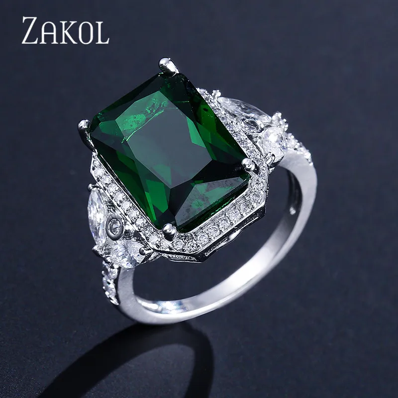 ZAKOL Новое поступление модное Большое Квадратное кольцо с зеленым кубическим