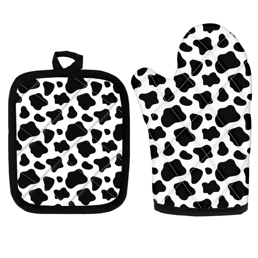 

Набор из 2 предметов, варежки и держатели для кастрюль с коровьим принтом, Нескользящие кухонные перчатки для микроволновой печи, Жаропрочн...