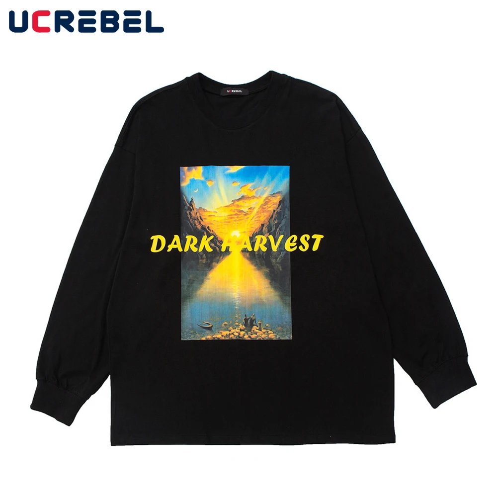 

Футболка мужская с длинным рукавом и круглым вырезом, хлопок, Повседневная Уличная одежда, свободная рубашка с принтом пейзажа, осень