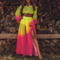 fashion women sexy two piece set off shoulder ruffle crop tops suits summer gradient long skirt see through long sleeve outfits