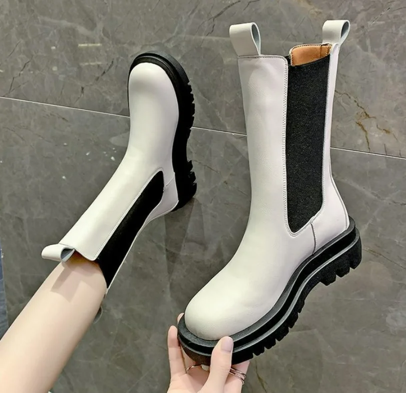 

Женские ботильоны на массивном каблуке, женская обувь, весенние ботинки челси, женские ботинки на платформе, модные черные, белые