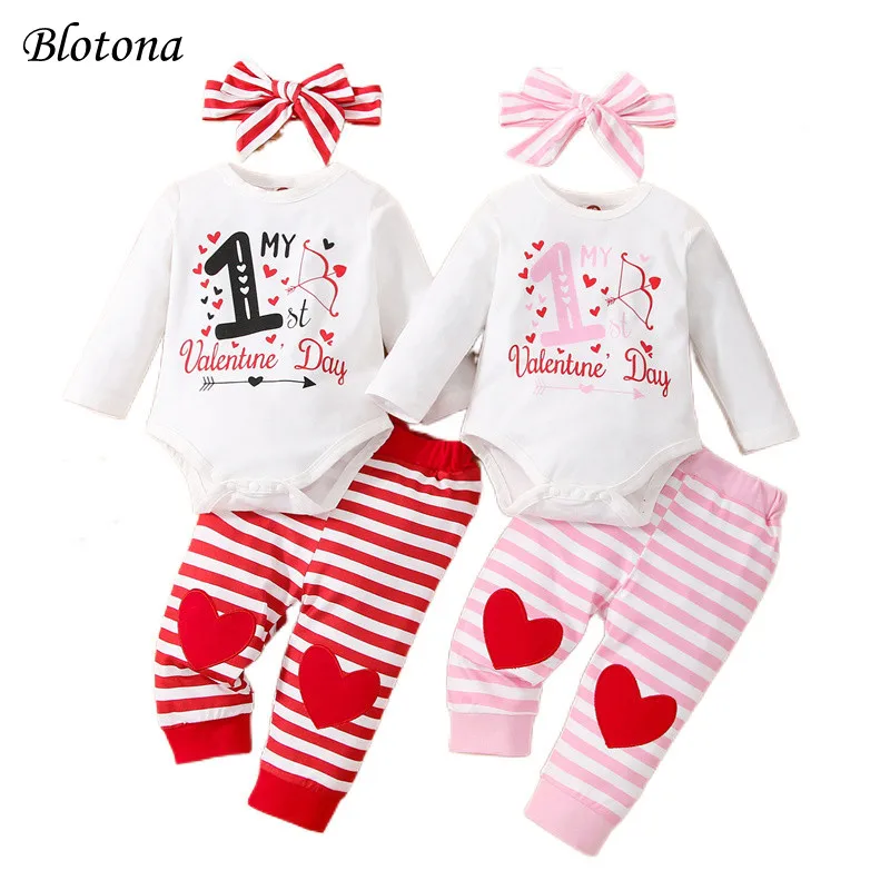 

Blotona Infant Baby Valentine's Day Suit, Long Sleeve Letter Print Romper Tops+Heart Striped Long Pants+Bow Headband 0-18Months