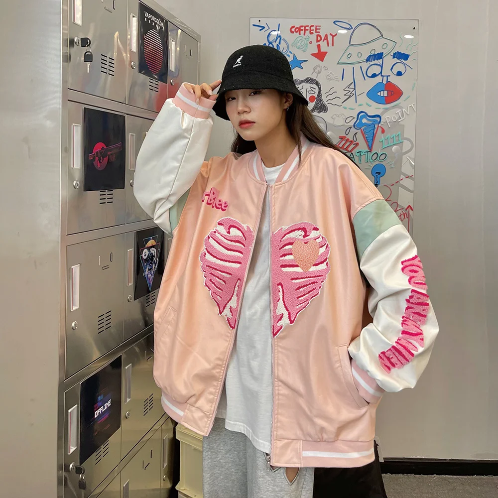 

Женская бейсбольная куртка в стиле Харадзюку, свободная бейсбольная куртка оверсайз из искусственной кожи на молнии с изображением черепа,...