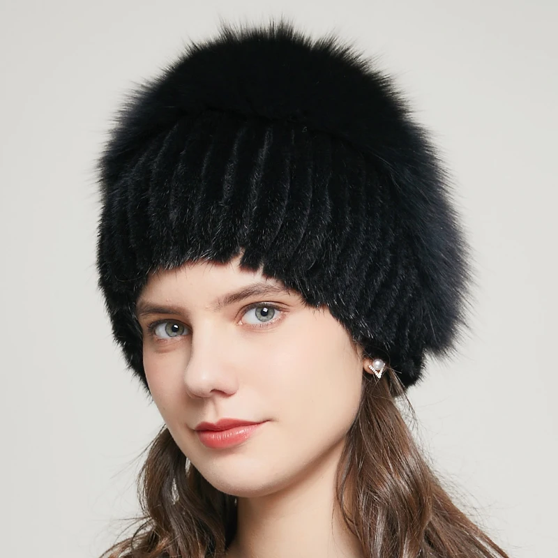 JKP good elasticity natural fluffy mink fur hat winter new knitted real fox fur ladies ladies real fur hat wholesale 20GYR-02