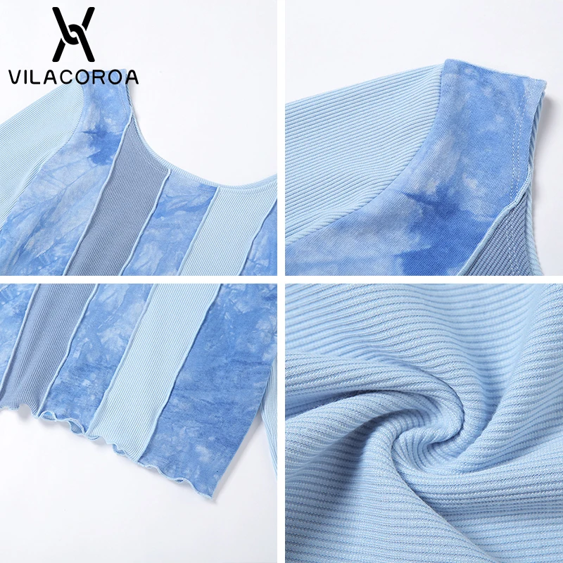 

Y2K Color Matching Tie-Dye Long Sleeve Top Women's Top Harajuku Ruffle Round Collar Crop Top Street Female Knitted Ribbed Tops