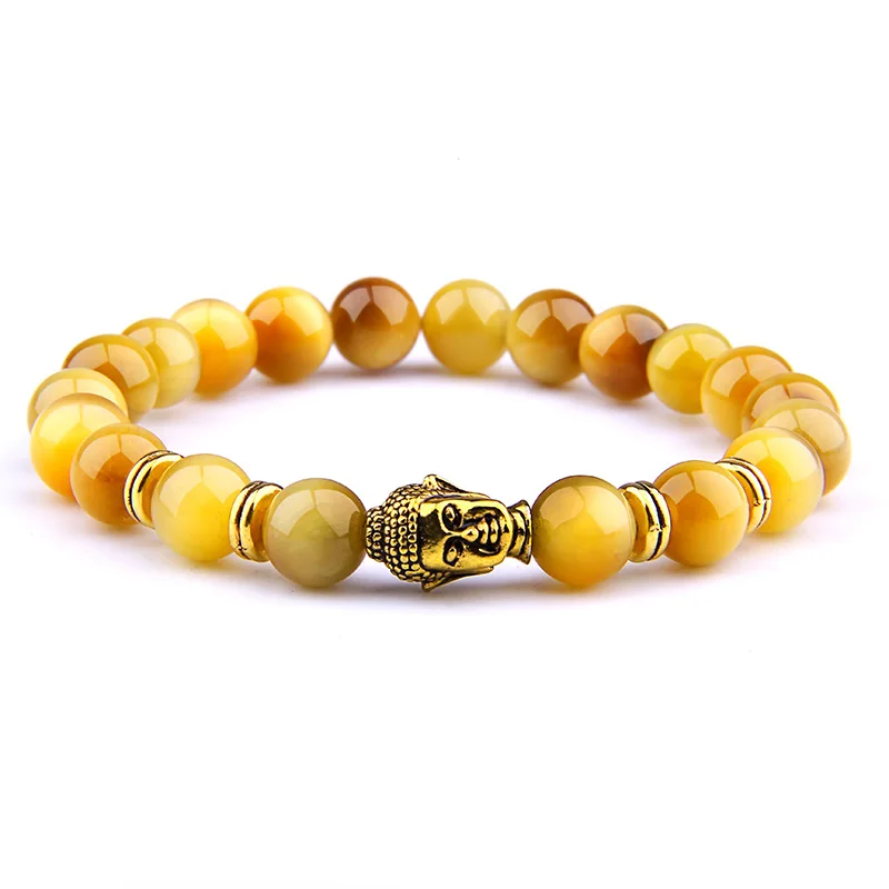 Fashion AAA Royal Blue Tiger Eye Men's Bracelet Beads Natural Stone Buddha Stretch Charm Bracelets for Women Men Jewelry - Окраска металла: Gold Tiger -1