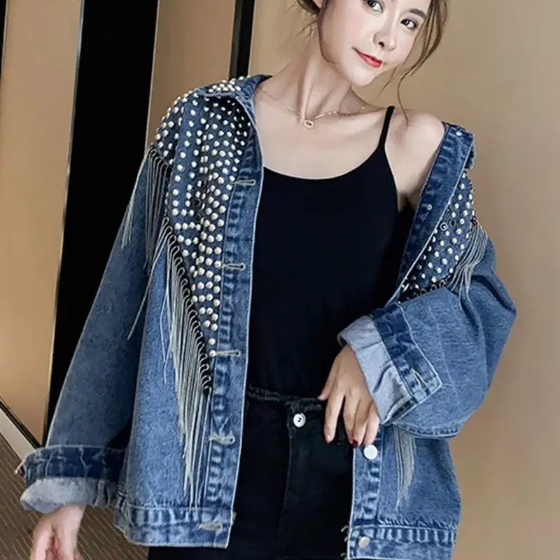 

Studded Rivet Cotton Denim Tassel Jacket Women Black Streetwear Chain Short Jeans Hip Hop Punk Loose Coats Full Sleeve Lapel