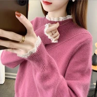 argyle sweater fall clothes for women striped regular ladies autumnwinter 2021 new half high neck lace stitching knitted
