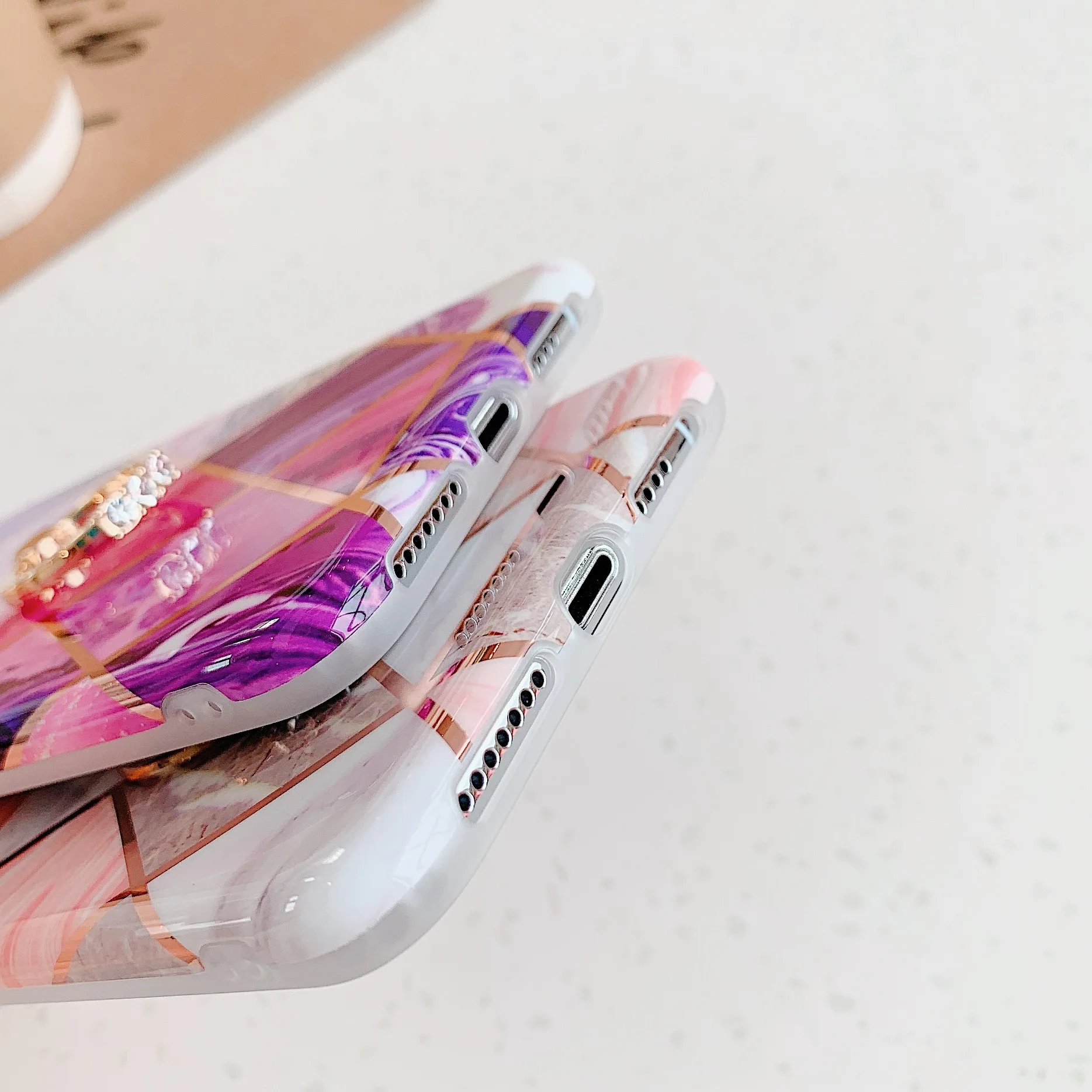 Luxury Gold Geometric Marble Phone Case for iPhone XS Max X XR 6 6s 7 8 Plus 11 Soft Silicone Diamond Ring Stand Holder Cover |