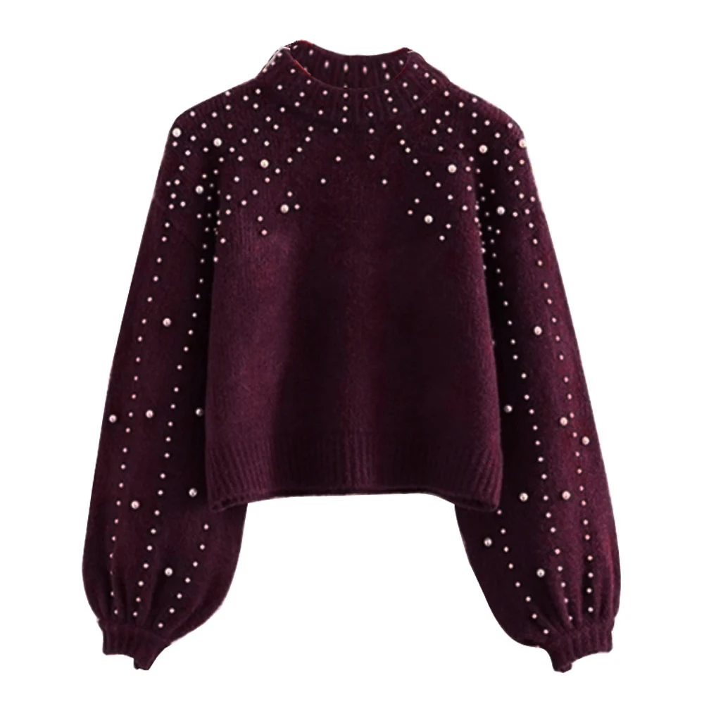 Women Fashion Lantern Sleeve Pearls Knit Winter Warm Sweaters Ladies Solid Color O-neck Loose Slim Fit Short Pullovers 2019 New | Женская