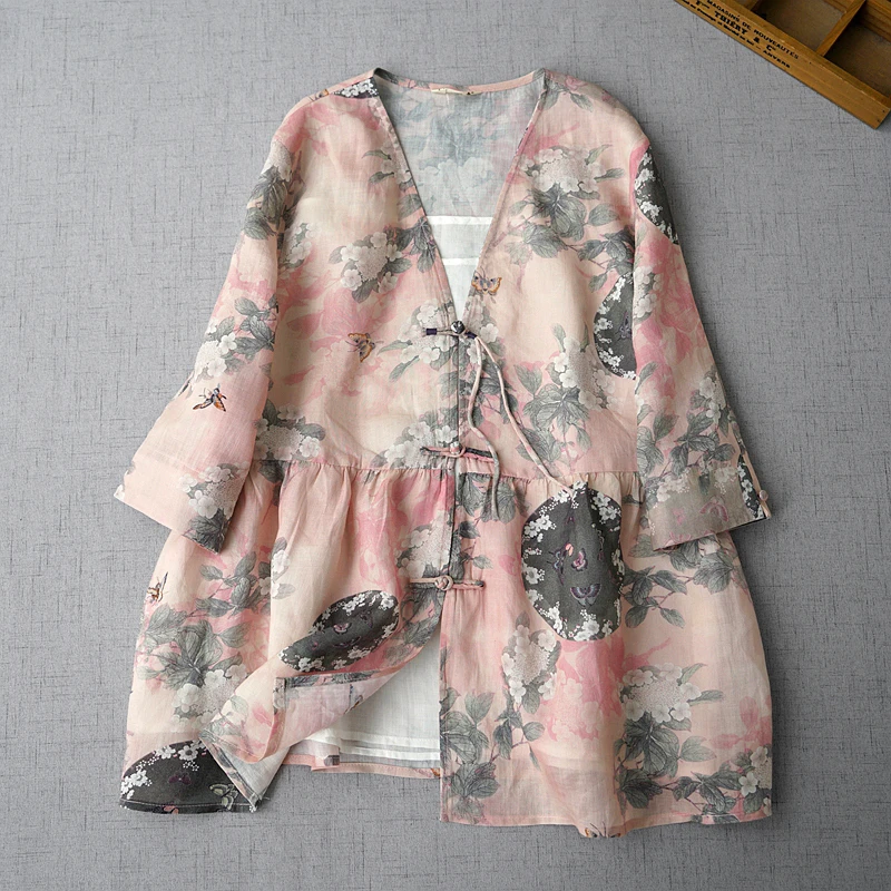 

Summer Women Loose Plus Size Vintage Buttons Floral Print Comfortable Water Washed Thin Ramie Sunscreen Navy Blue Shirts/Blouses