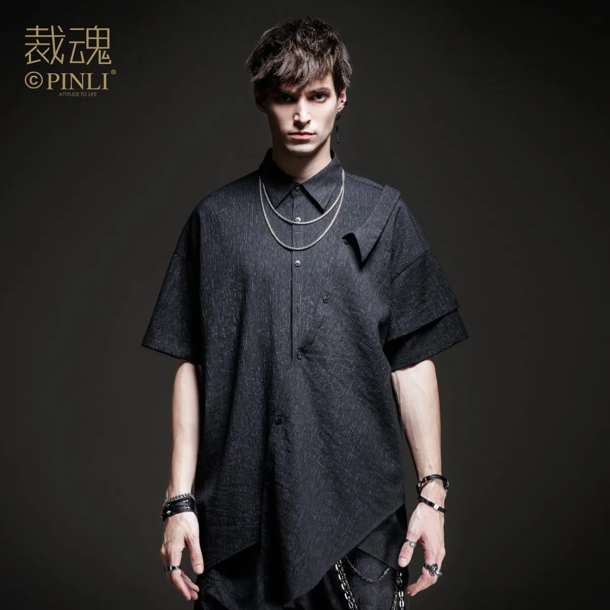 Free Shipping New Fashion Casual Spring Black Men's Dark Short-sleeved Shirt bottoming Shirt For Male personality BC201113007