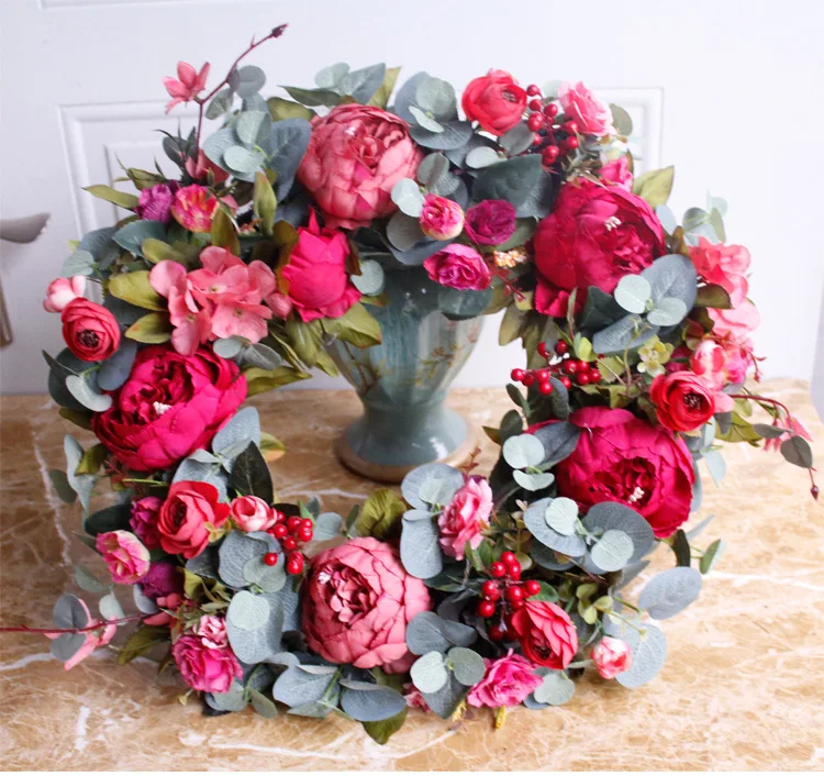 Christmas Wreath Artifical Flowers Fall Red Floral Door Decoration Front Indoor Wreaths Handmade Rattan | Дом и сад