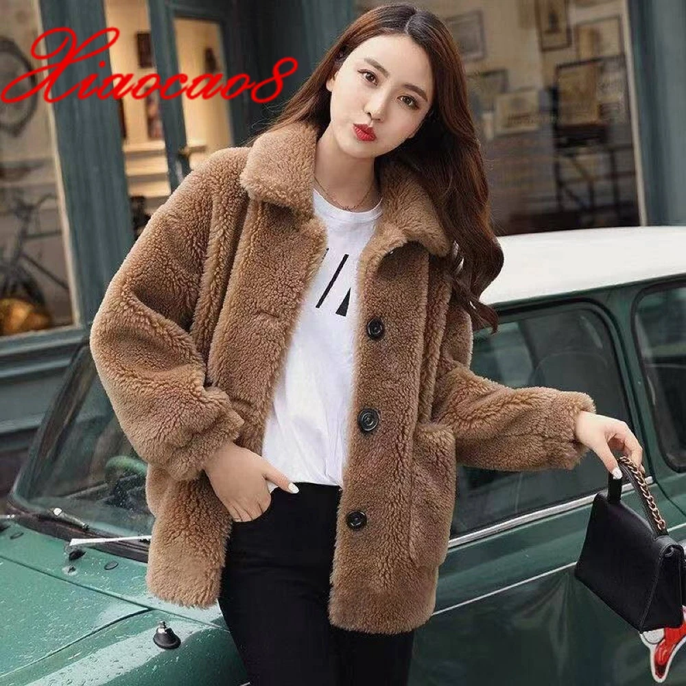 

Winter Fashion Casual Faux Fur Coat Woman Solid Korean Style Long Sleeve Jacket With Button Sweet Lady Outerwear Plus Size ​