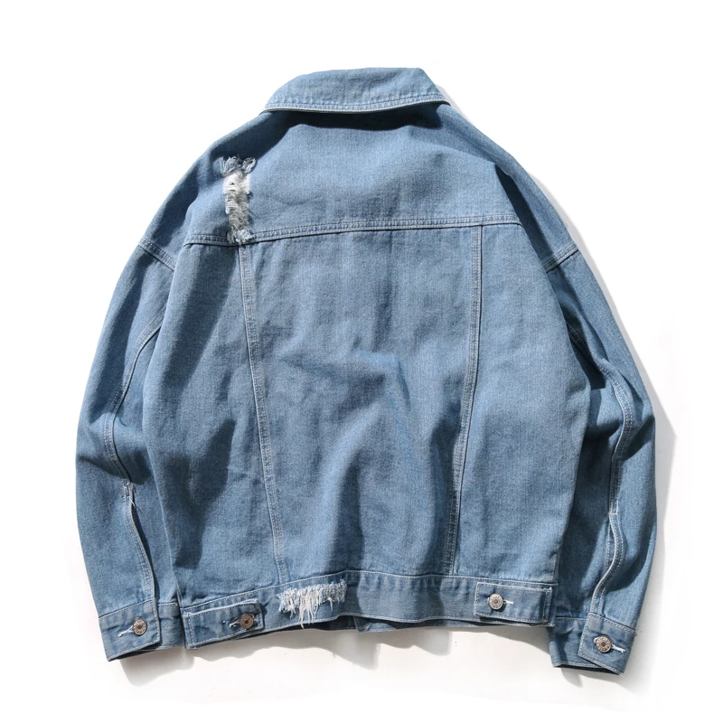 Мужская джинсовая куртка-бомбер Повседневная синяя рваная куртка с отложным