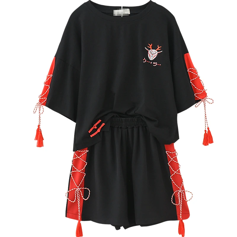 

Women Two Piece Set Tops And Shorts Stes Embroidery Short Sleeve Black Cotton T Shirts Lace Up Shorts Girls Set Outfit Summer
