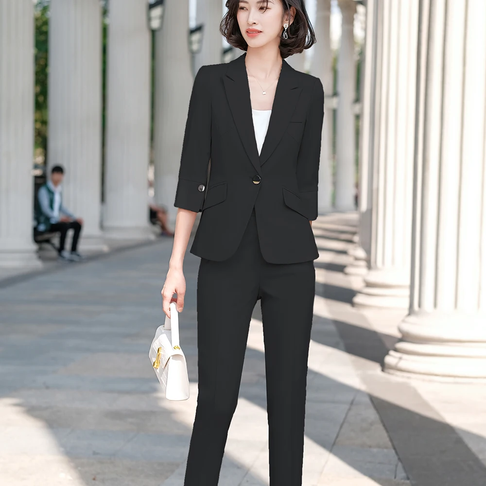 

2021 Spring Elegant Women's Pants Suit Balck Apricot Blazer +Trouser Bussiness Jacket Office Lady 2 Pieces Set Plus Size S-5XL
