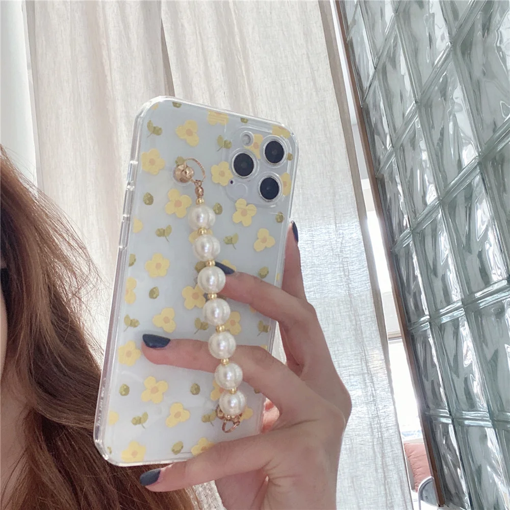

USLION Yellow Flower Print Phone Lens Protective Case For iPhone 11 12 Pro Mini 7 8 plus X XS XR MAX SE 2020 Pearl Bracelet Capa