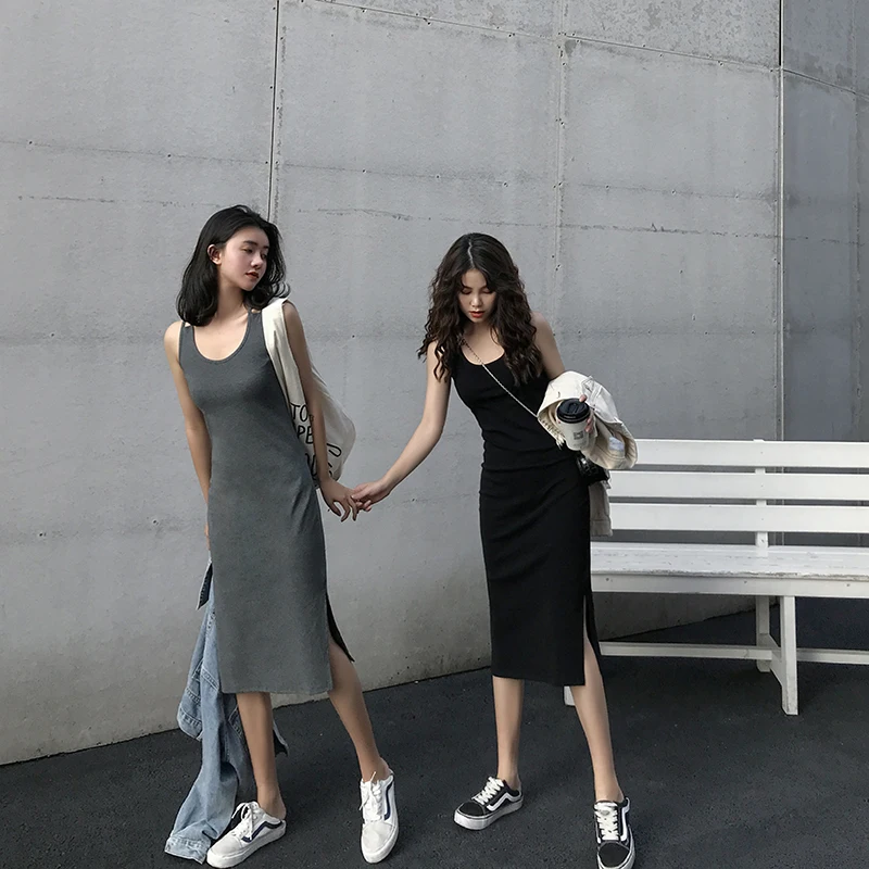 Летнее женское платье сарафан 2020 черное с разрезом по бокам длинное осеннее