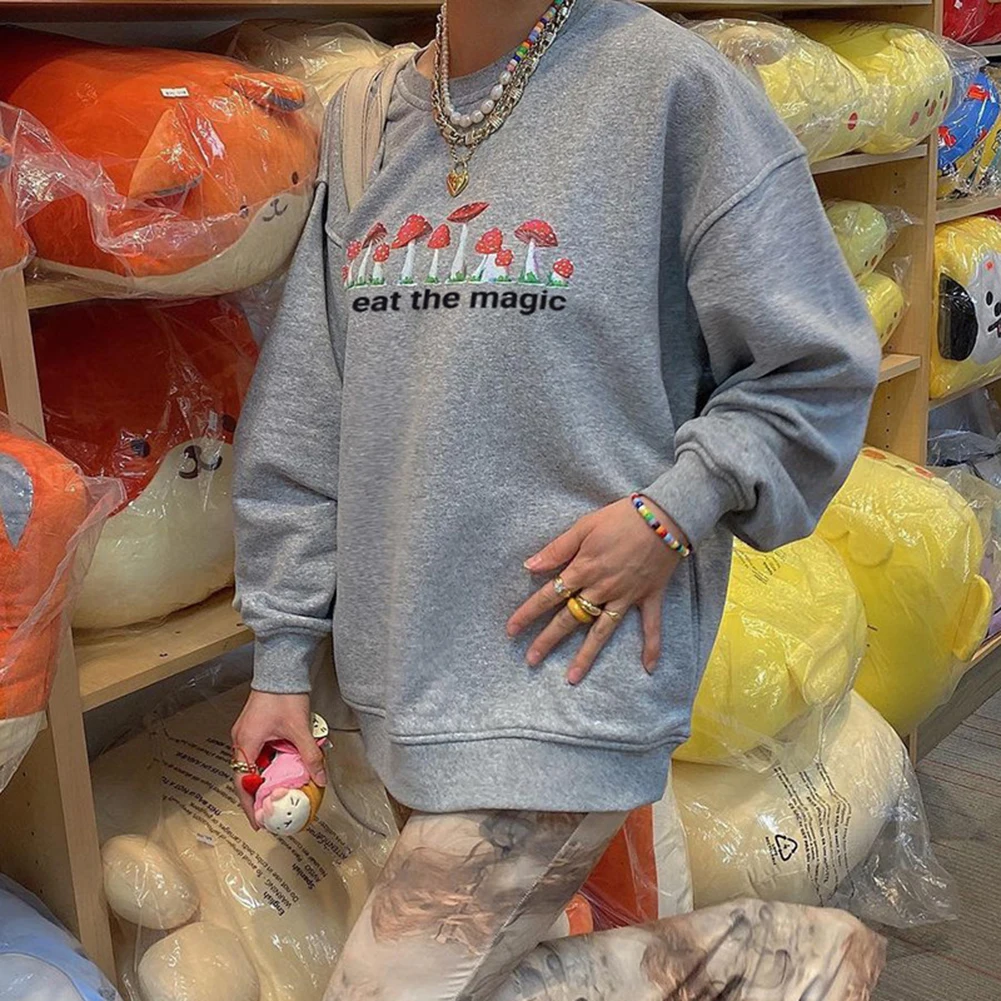 

YiYiMiYu Embroidery Mushroom Harajuku Grey Sweatshirt Women Cute Autumn Oversized Sweatshirt Vintage Casual O Neck Pullover 2021