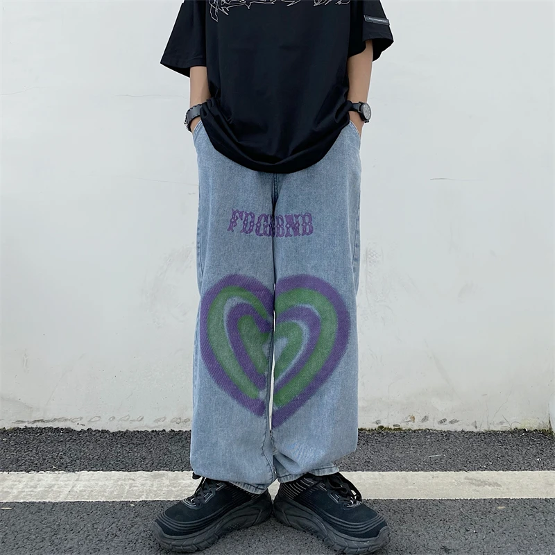 

Autumn New Korean Version Of Washed Women's Jeans Harajuku INS Net Red Love Graffiti Print Hit Color Casual Loose Wide-Leg Pants