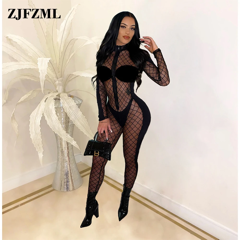 

Полуночный сексуальный сетчатый клетчатый бархатный комбинезон для вечеринок женский прозрачный комбинезон на шнуровке с длинным рукавом...