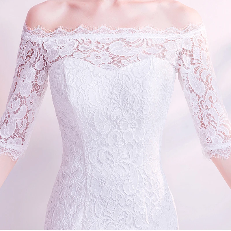 

Evening Dress Illusion Trumpet Boat Neck Off The Shoulder Lace Half White Tulle Floor-Length Embroidery Women Formal Gown TS574