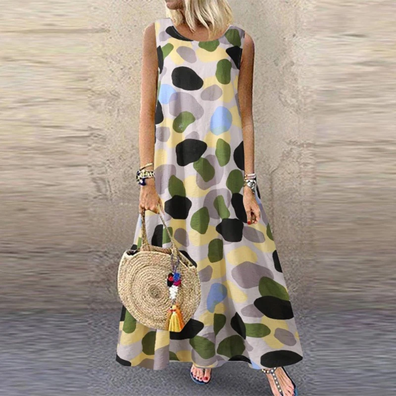 Летнее женское платье с принтом в стиле бохо круглым вырезом открытыми плечами