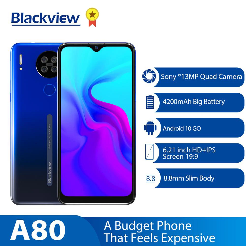 Сотовый телефон Blackview A80 6 21 дюйма Waterdrop мобильный 2 Гб 16 MT6737V/W 4200 мАч 4G Android 10 0 Go