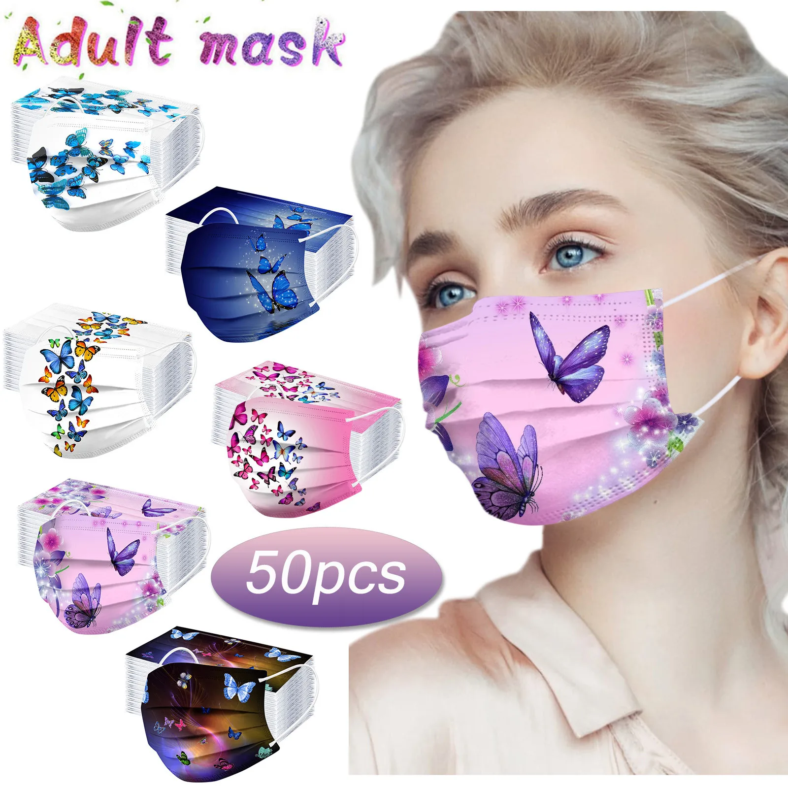 

50pcs Multicolor Disposable Adult Butterfly Printing Mask Non Wove 3 Layer Ply Filter Mask Earloops Masks Mascarilla Mascarilas
