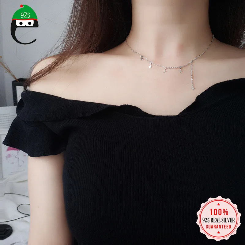 

ElfoPlataSi 925 Sterling Silver Minimalist Geometric Bright Star Choker Necklace For Fashion Women 925 Jewelry Bohemia Gift D498