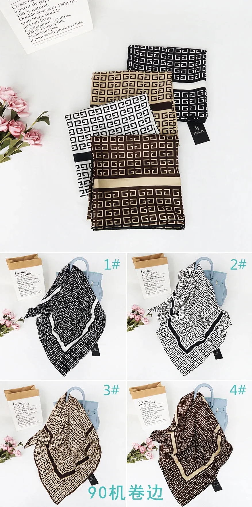 

2021 Summer Luxury Brand Fashion Kerchief Silk Satin Neck Scarf For Women Print Hijab Scarfs Female 90*90cm Square Shawls and Wr