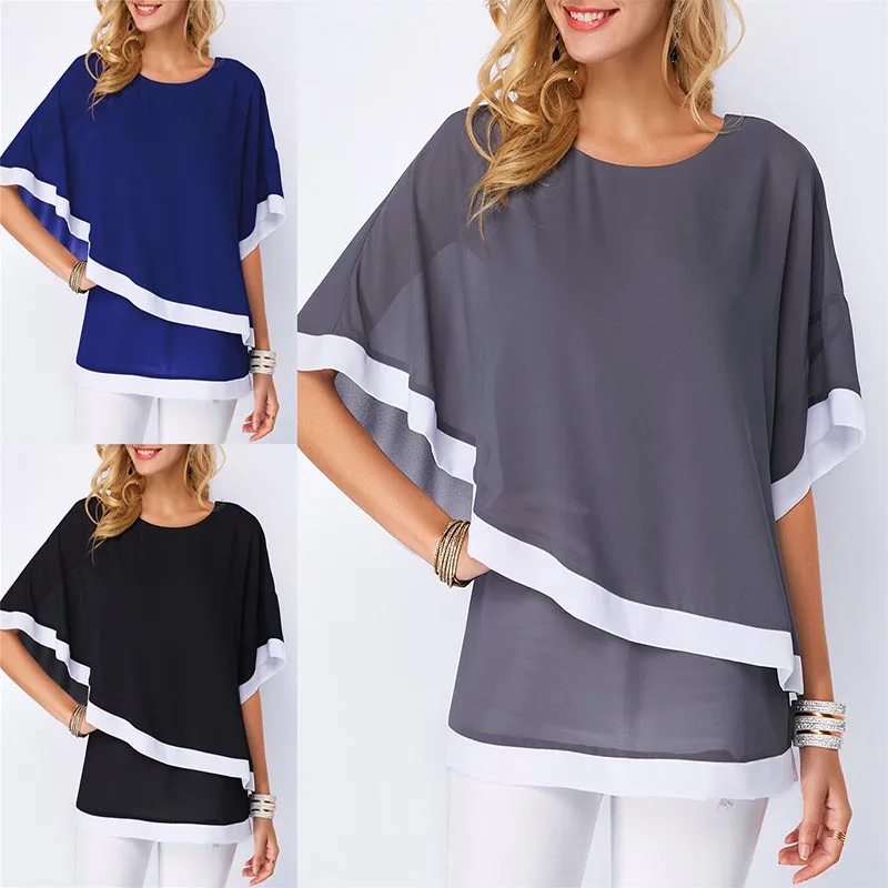 

5XL Plus Size 2019 New Women's Chiffon Shirt Casual Solid Color Shirt O-neck Fashion Bat Sleeve Stitching Irregular Shirt