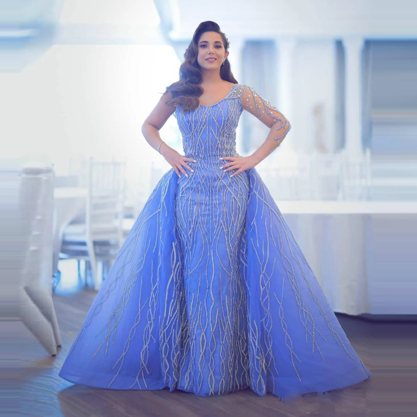 

Blue Muslim Mermaid Evening Dresses With Detachable Train Lace Appliques Beading Long Sleeve Dubai Arabic Prom Dress Plus Size