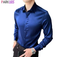 mens luxury navy satin dress shirts 2022 brand new slim fit long sleeve shirt for men business casual strech chemise homme 5xl