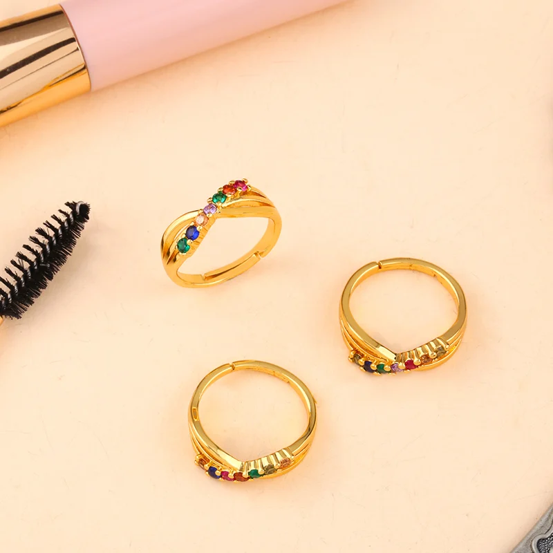 FLOLA Adjustable Rainbow Wave Ring for Woman AAA Cubic Zircon Thin 24k gold Jewelry anillo arcoiris rih86 | Украшения и