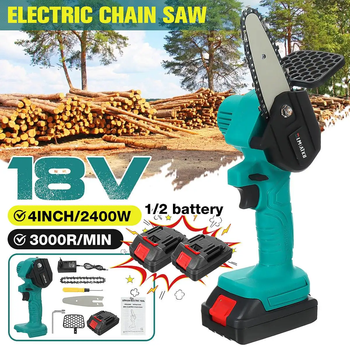 

BLMIATKO 4 inch 2400W Electric Chain Saws Wood Cutting Pruning ChainSaw Garden Tree Logging Trimming Saw for Makita 18V Battery