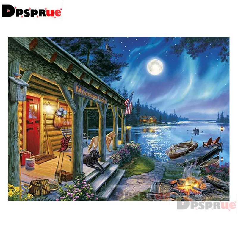 

Dpsprue 5d Full DIY Square Diamond Painting Cross Stitch Lake Moon 3d Round Embroidery Mosaic Resin Home Decor Gifts