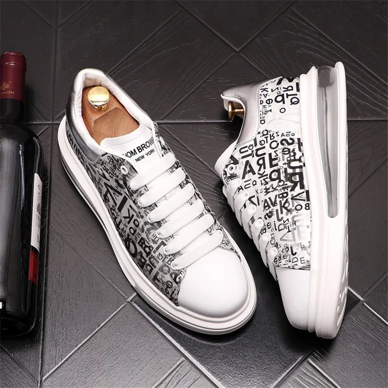 

2021 New Designer Print Men Shoes Air Cushion Sneakers Hip Hop Leather Platform Casual Flats