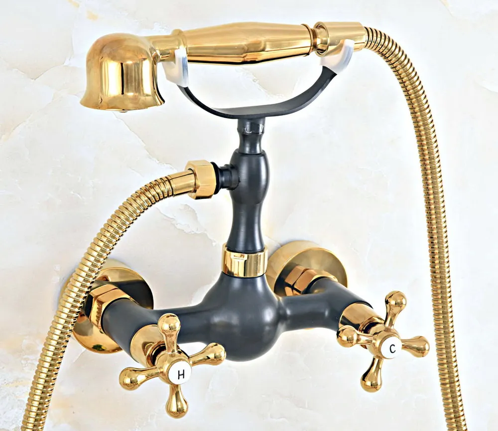 

Black Oil Rubbed & Gold Brass Wall Mount Bathtub Faucet with Handheld Shower Set +1500MM Hose Mixer Tap 2na448