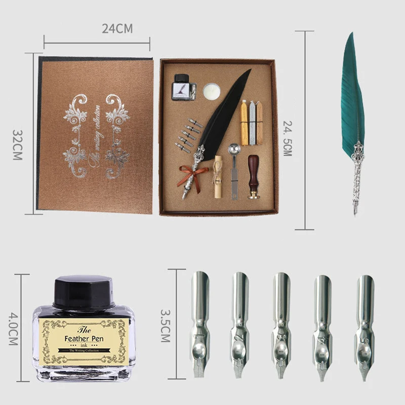 

High Quality Feather Pen Retro Calligraphy Pen Set 0.1mm Nib for Writing Birthday Gift Box with 5pcs Nib
